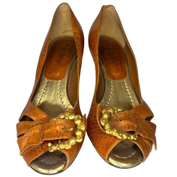 SERGIO ZELCER Handmade Peep Toe Stiletto Heels 7 Buckle Embellishment - Picture 4 of 9